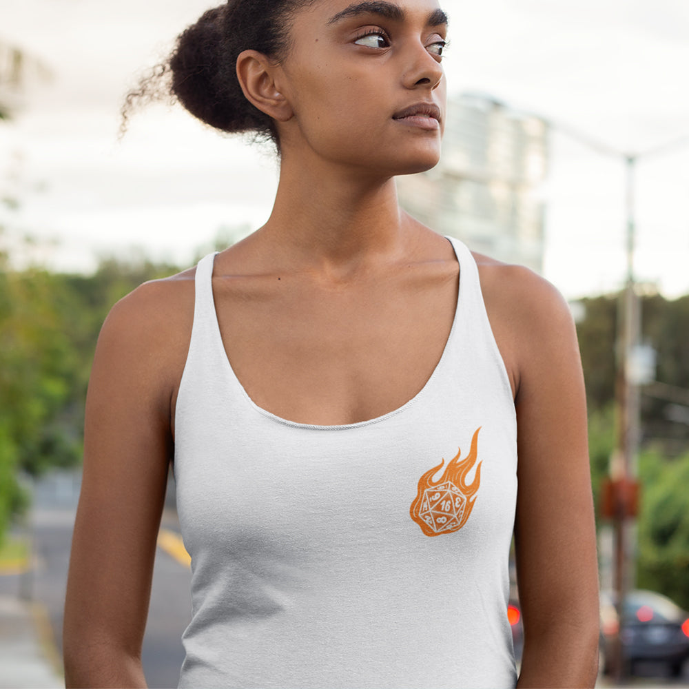 Flaming Role-Playing Polyhedral Dice Women's Racerback Tank