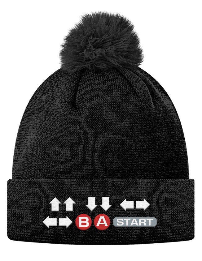 Pom Pom Knit Cap - Contra Cheat Code Hat - ⇧⇧⇩⇩⇦⇨⇦⇨ Ⓑ Ⓐ  START 